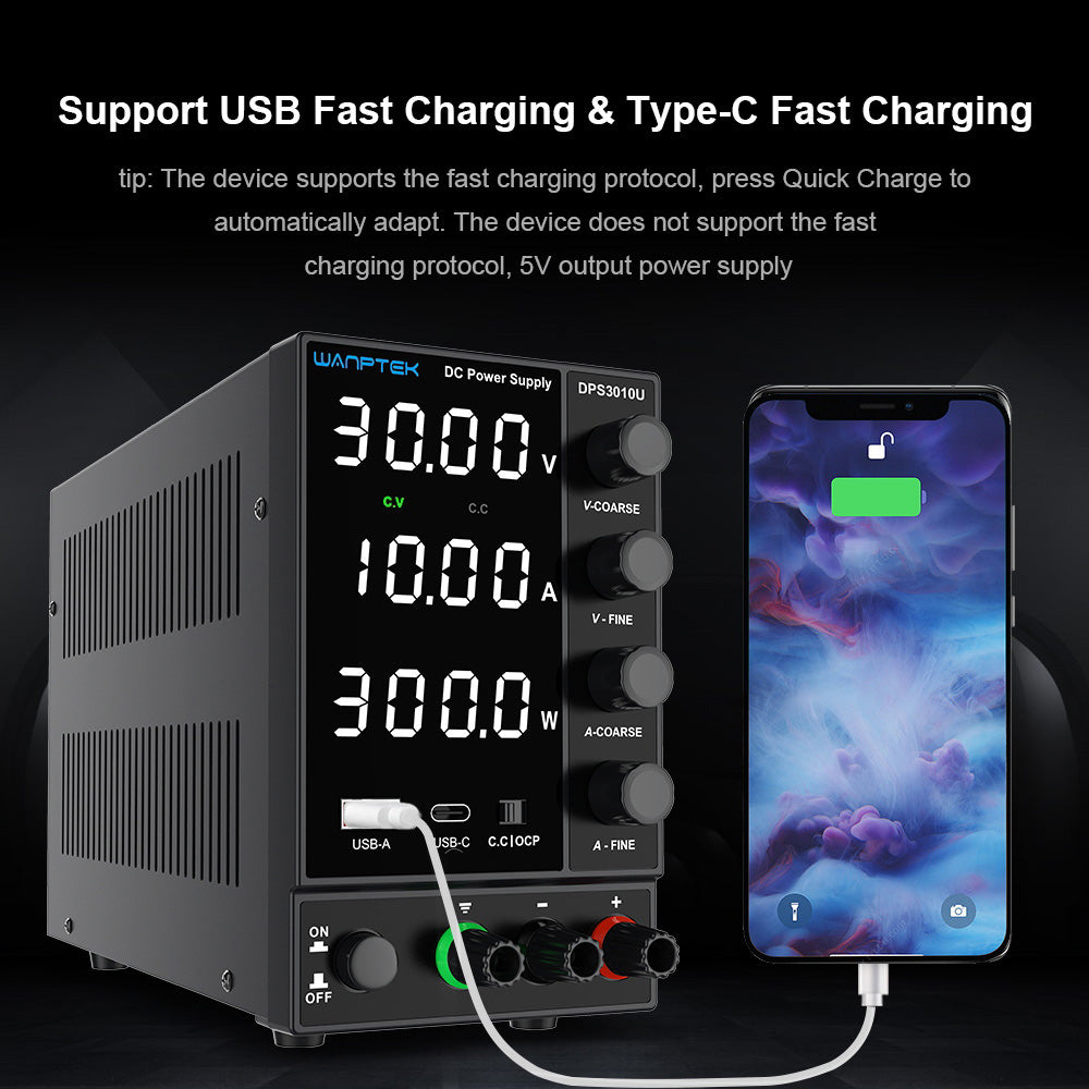 WANPTEK DPS3010U Tranzistorový nastavitelný regulovaný stejnosměrný napájecí zdroj, 30V 10A, nastavení enkodéru, rychlé nabíjení přes USB typu C, 4místný displej, nízké zvlnění, nízká hlučnost, chladicí ventilátor, černý - zástrčka pro Velkou Británii