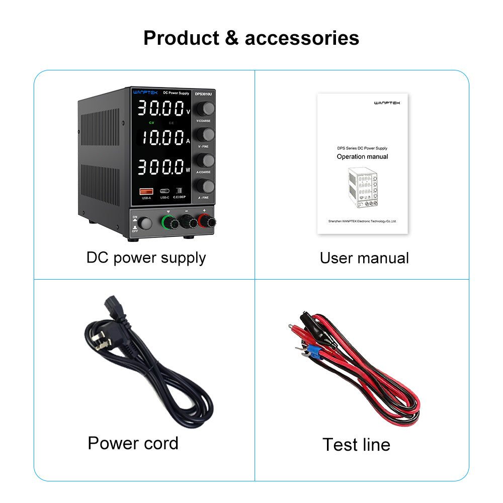 WANPTEK DPS3010U Tranzistorový nastavitelný regulovaný stejnosměrný napájecí zdroj, 30V 10A, nastavení enkodéru, rychlé nabíjení přes USB typu C, 4místný displej, nízké zvlnění, nízká hlučnost, chladicí ventilátor, černý - zástrčka pro Velkou Británii
