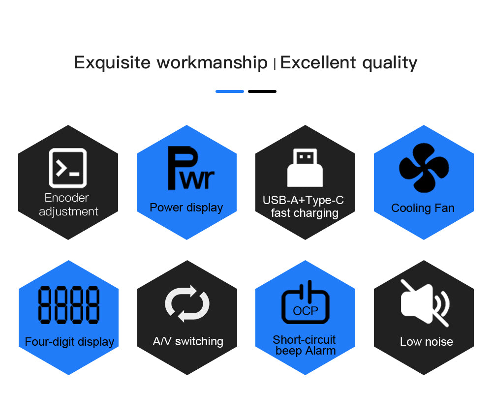 Nastavitelný regulovaný stejnosměrný napájecí zdroj WANPTEK TPS1203, 60V 5A, nastavení enkodéru, rychlé nabíjení přes USB typu C, 4místný displej, nízký šum, přepínání A/V, chladicí ventilátor, černý - zástrčka EU