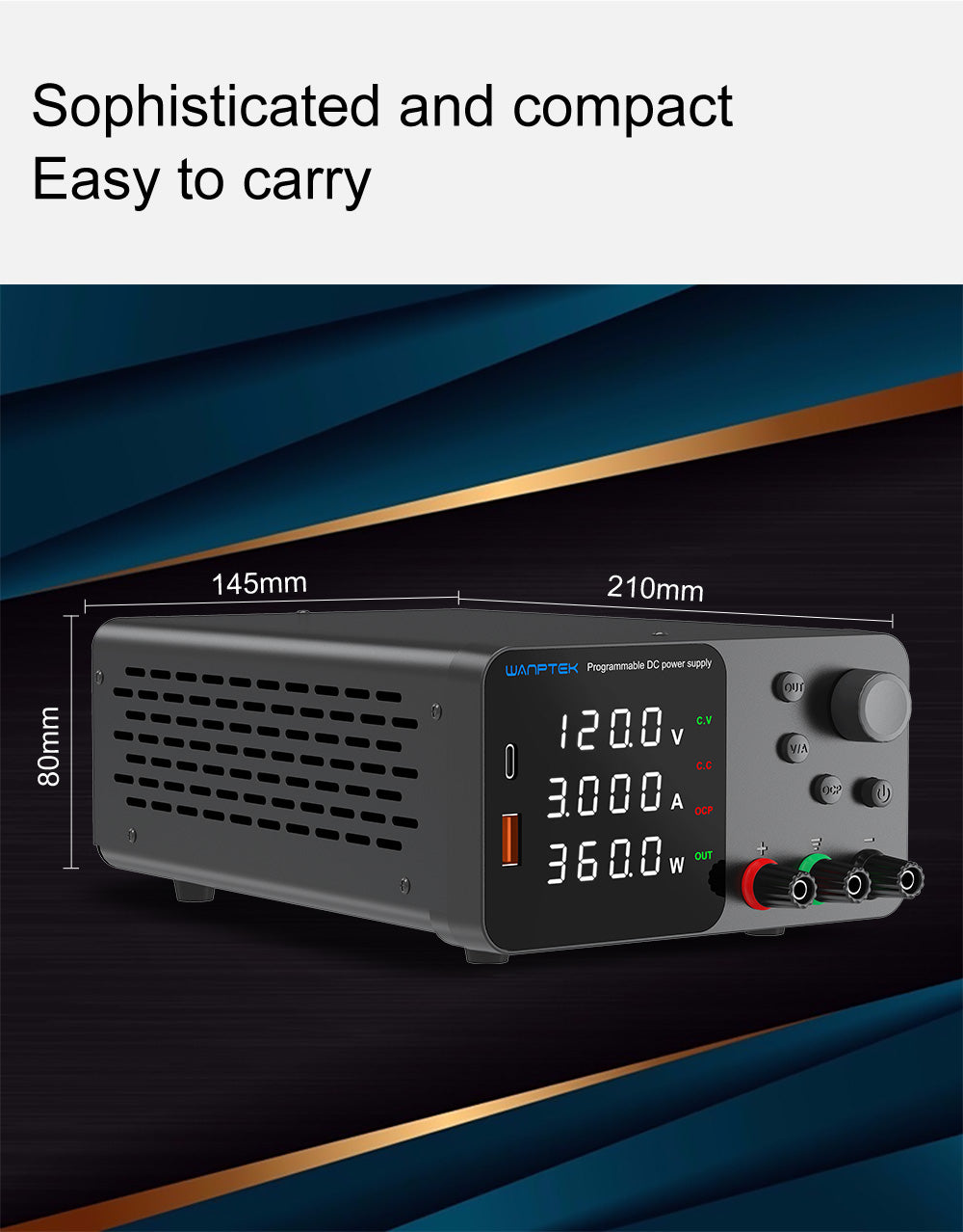 Nastavitelný regulovaný stejnosměrný napájecí zdroj WANPTEK TPS1203, 60V 5A, nastavení enkodéru, rychlé nabíjení přes USB typu C, 4místný displej, nízký šum, přepínání A/V, chladicí ventilátor, černý - zástrčka EU