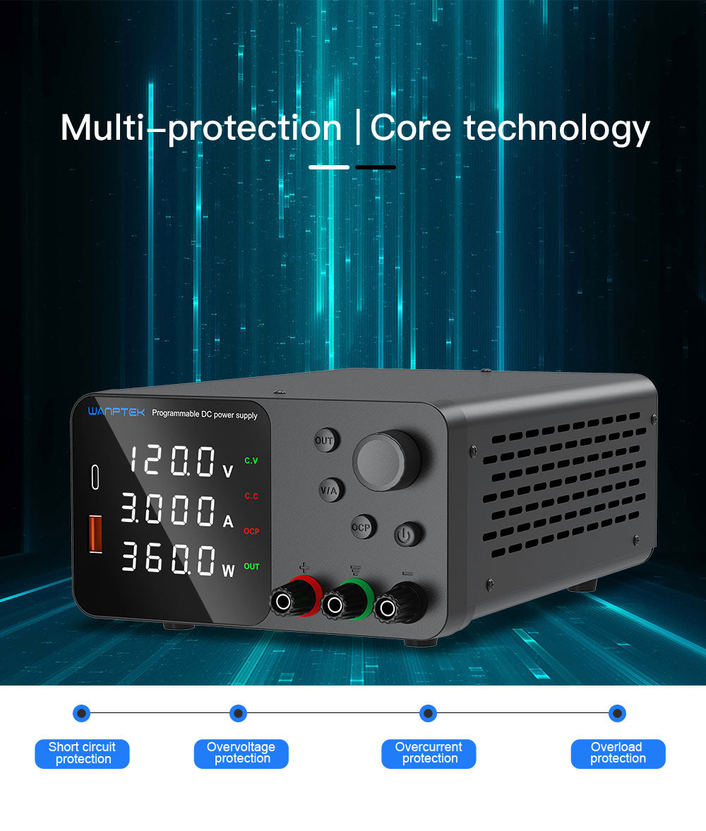 Nastavitelný regulovaný stejnosměrný napájecí zdroj WANPTEK TPS1203, 60V 5A, nastavení enkodéru, rychlé nabíjení přes USB typu C, 4místný displej, nízký šum, přepínání A/V, chladicí ventilátor, černý - zástrčka EU