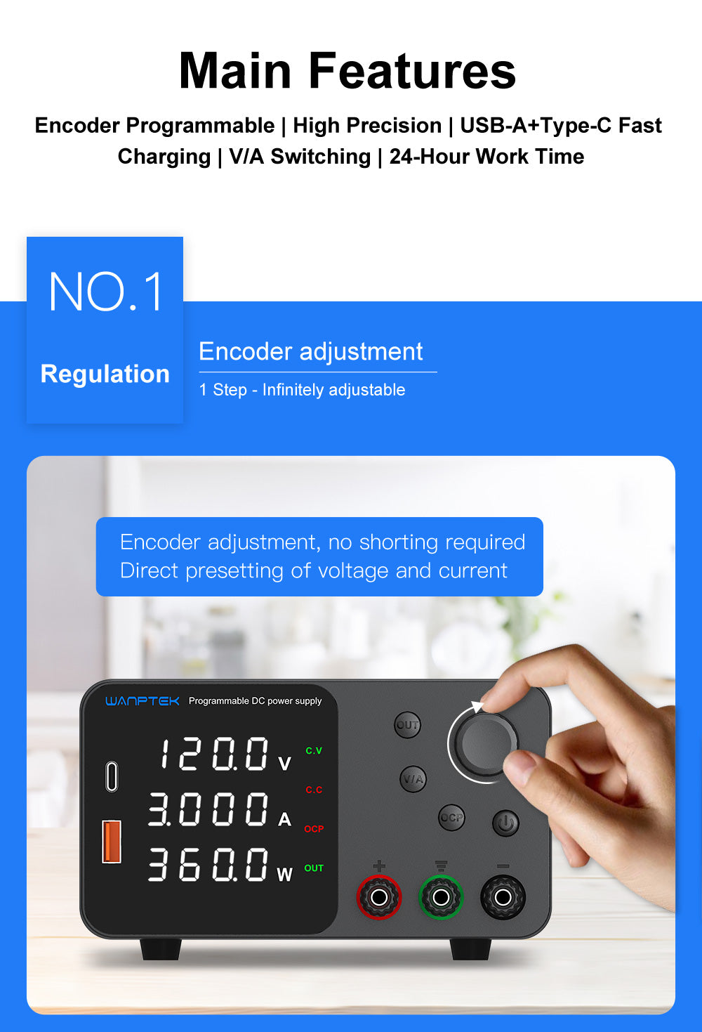 Nastavitelný regulovaný stejnosměrný napájecí zdroj WANPTEK TPS1203, 60V 5A, nastavení enkodéru, rychlé nabíjení přes USB typu C, 4místný displej, nízký šum, přepínání A/V, chladicí ventilátor, černý - zástrčka EU