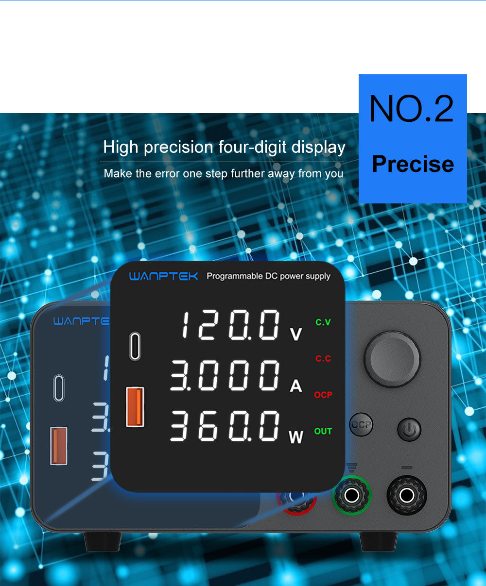 Nastavitelný regulovaný stejnosměrný napájecí zdroj WANPTEK TPS1203, 60V 5A, nastavení enkodéru, rychlé nabíjení přes USB typu C, 4místný displej, nízký šum, přepínání A/V, chladicí ventilátor, černý - zástrčka EU