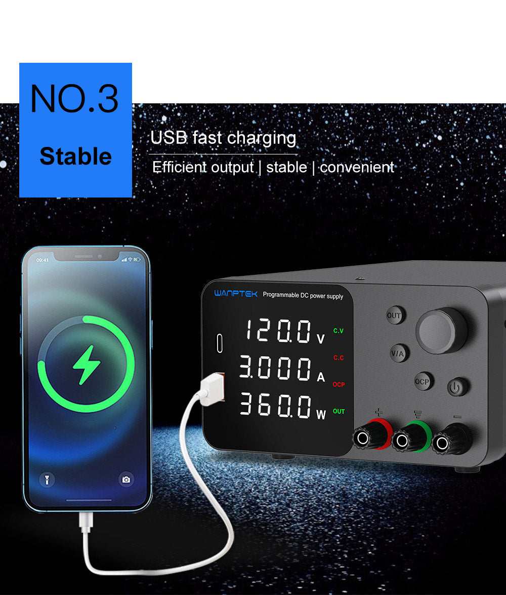 Nastavitelný regulovaný stejnosměrný napájecí zdroj WANPTEK TPS1203, 120 V 3 A, nastavení enkodéru, rychlé nabíjení přes USB typu C, 4místný displej, nízký šum, přepínání A/V, chladicí ventilátor, černý - zástrčka EU