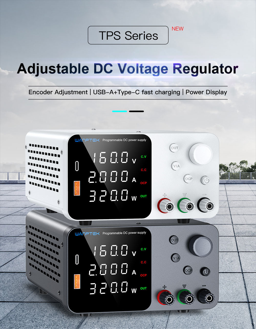 Nastavitelný regulovaný stejnosměrný napájecí zdroj WANPTEK TPS1602, 160 V 2 A, nastavení enkodéru, rychlé nabíjení přes USB typu C, 4místný displej, nízký šum, přepínání A/V, ventilátor, bílý - zástrčka pro Velkou Británii