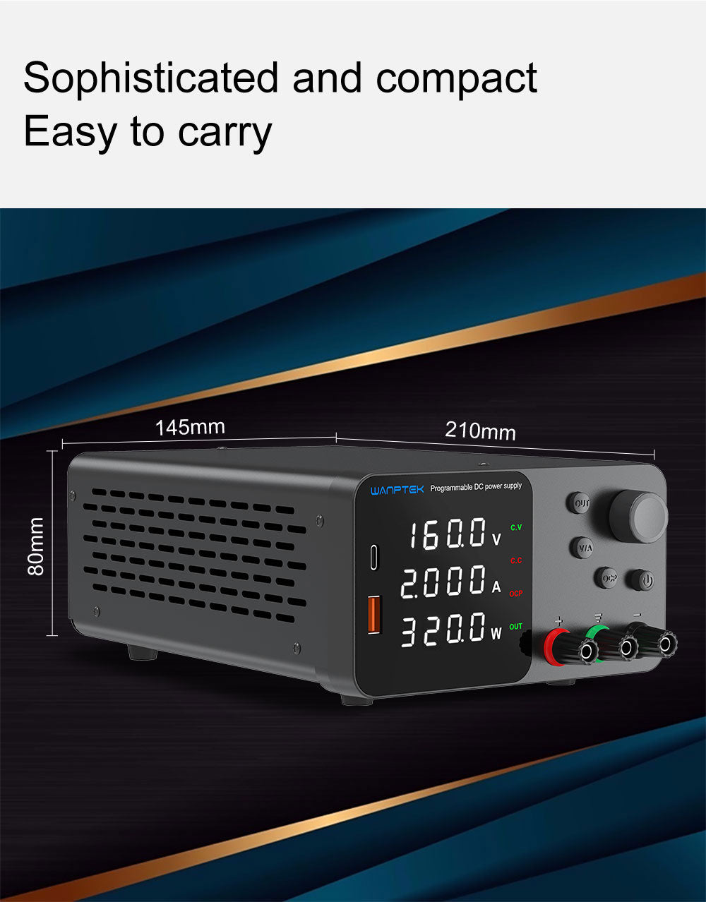 Nastavitelný regulovaný stejnosměrný napájecí zdroj WANPTEK TPS1602, 160 V 2 A, nastavení enkodéru, rychlé nabíjení přes USB typu C, 4místný displej, nízký šum, přepínání A/V, ventilátor, bílý - zástrčka pro Velkou Británii