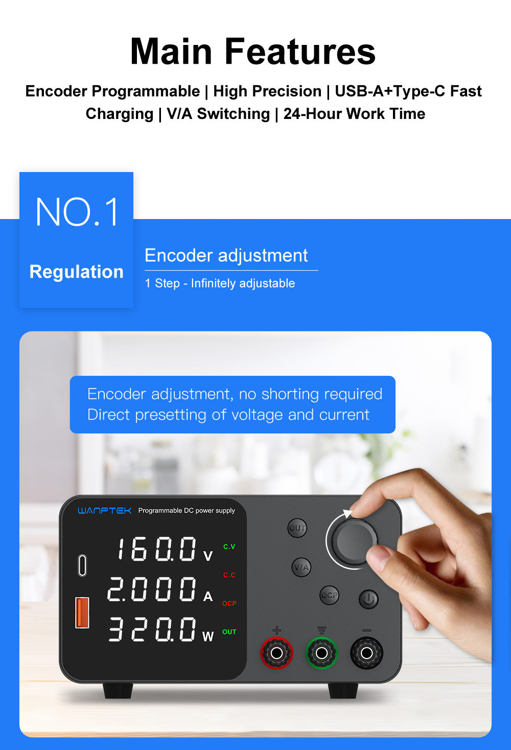 Nastavitelný regulovaný stejnosměrný napájecí zdroj WANPTEK TPS1602, 160 V 2 A, nastavení enkodéru, rychlé nabíjení přes USB typu C, 4místný displej, nízký šum, přepínání A/V, ventilátor, bílý - zástrčka pro Velkou Británii
