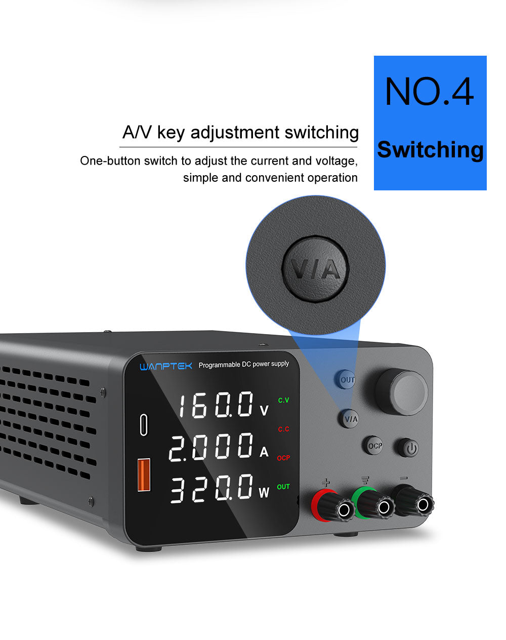 Nastavitelný regulovaný stejnosměrný napájecí zdroj WANPTEK TPS1602, 160 V 2 A, nastavení enkodéru, rychlé nabíjení přes USB typu C, 4místný displej, nízký šum, přepínání A/V, ventilátor, bílý - zástrčka pro Velkou Británii