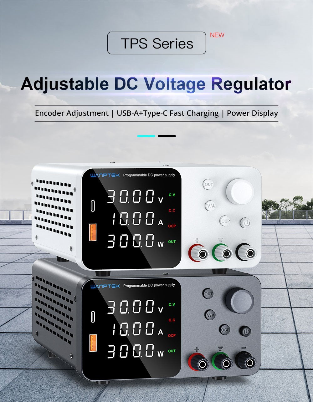 Nastavitelný regulovaný stejnosměrný napájecí zdroj WANPTEK TPS3010, 30V 10A, nastavení enkodéru, rychlé nabíjení přes USB typu C, 4místný displej, nízký šum, přepínání A/V, ventilátor, bílý - zástrčka UK