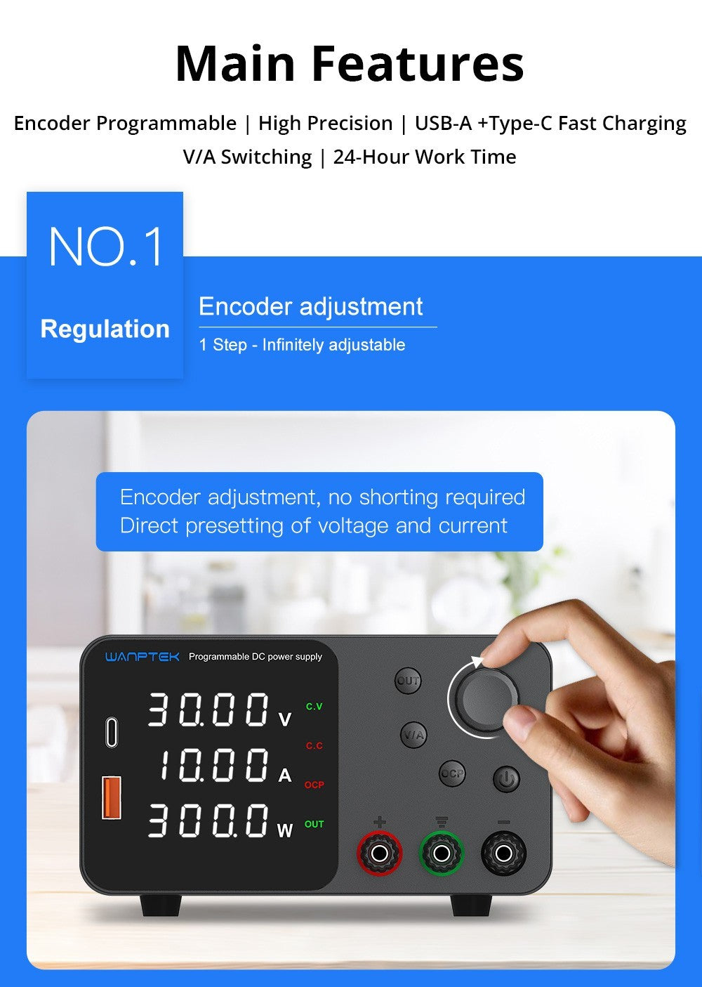 Nastavitelný regulovaný stejnosměrný napájecí zdroj WANPTEK TPS3010, 30V 10A, nastavení enkodéru, rychlé nabíjení přes USB typu C, 4místný displej, nízký šum, přepínání A/V, ventilátor, bílý - zástrčka UK