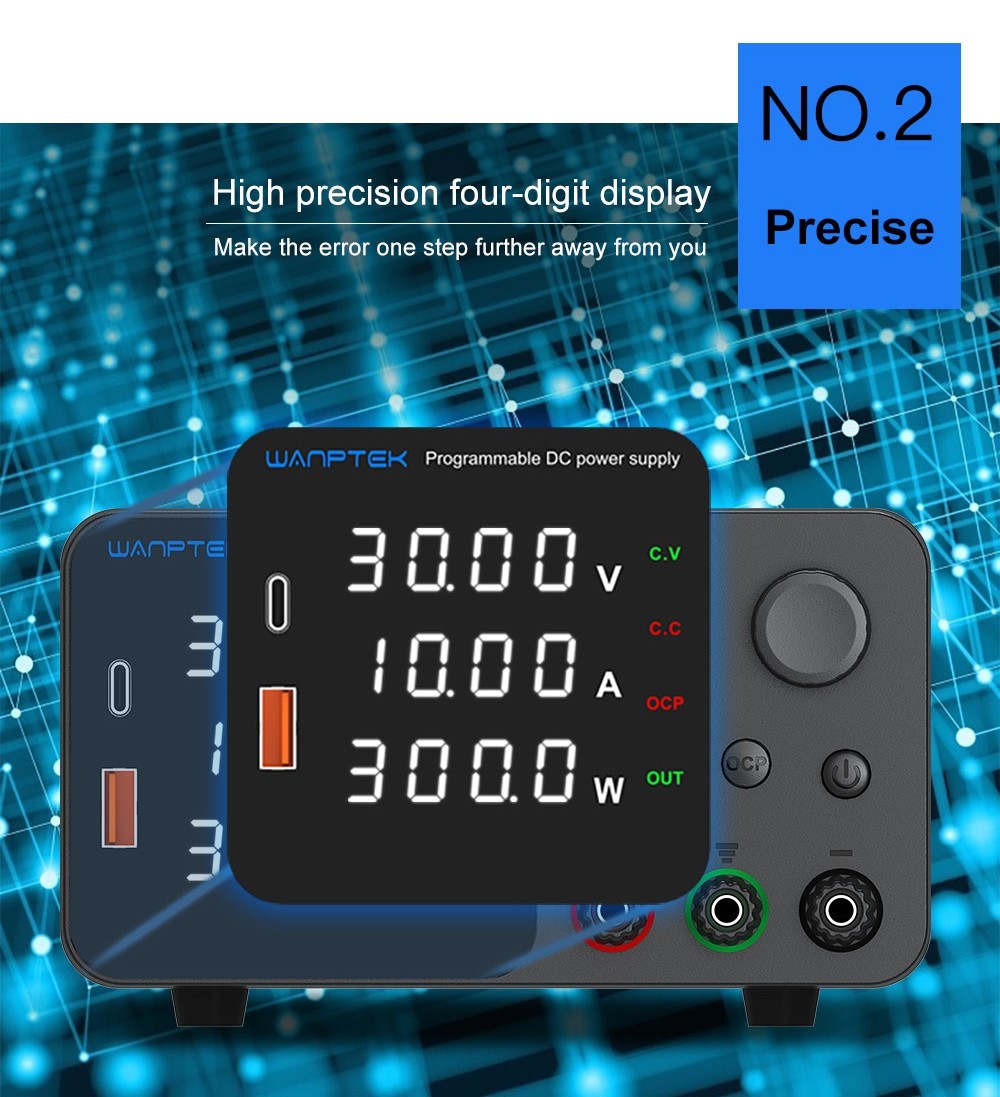 Nastavitelný regulovaný stejnosměrný napájecí zdroj WANPTEK TPS3010, 30V 10A, nastavení enkodéru, rychlé nabíjení přes USB typu C, 4místný displej, nízký šum, přepínání A/V, ventilátor, bílý - zástrčka UK