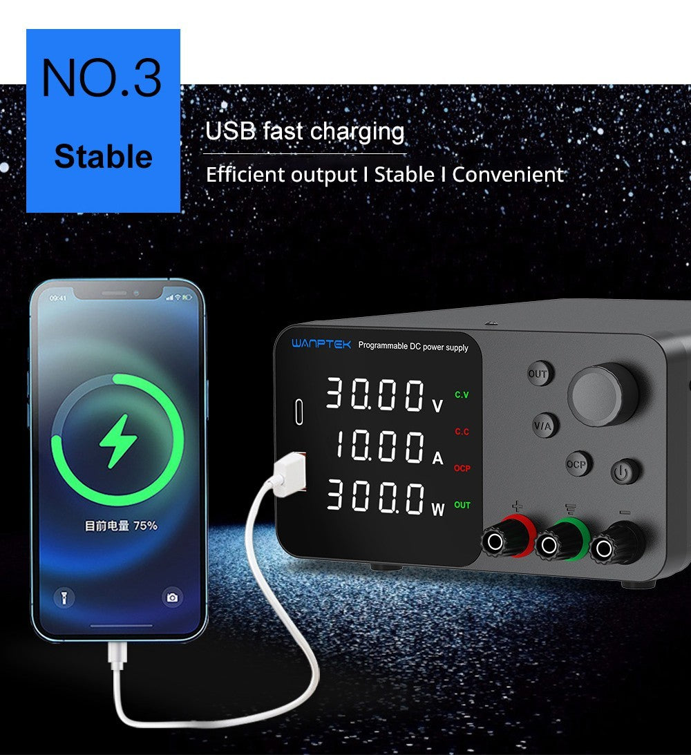 Nastavitelný regulovaný stejnosměrný napájecí zdroj WANPTEK TPS3010, 30V 10A, nastavení enkodéru, rychlé nabíjení přes USB typu C, 4místný displej, nízký šum, přepínání A/V, ventilátor, bílý - zástrčka UK