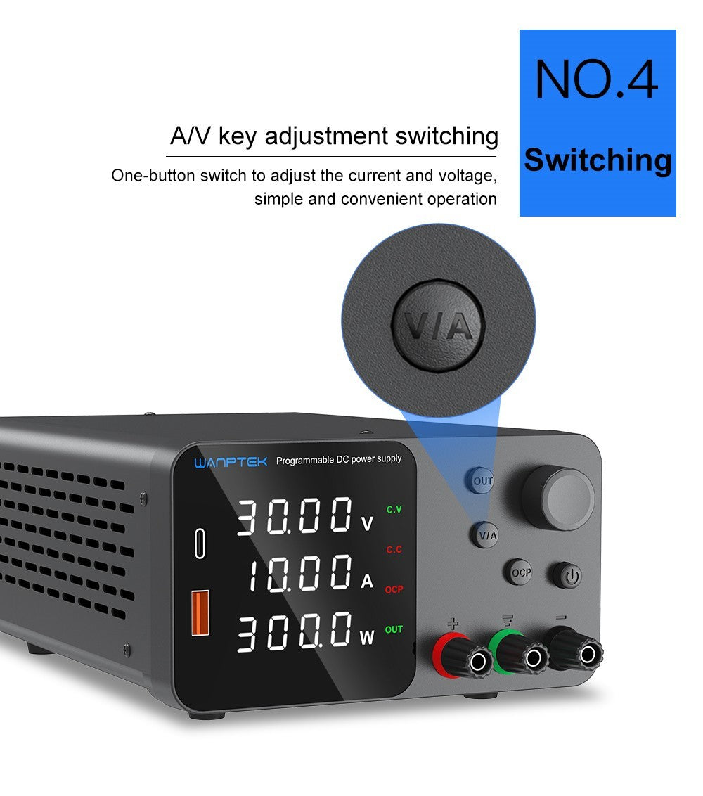 Nastavitelný regulovaný stejnosměrný napájecí zdroj WANPTEK TPS3010, 30V 10A, nastavení enkodéru, rychlé nabíjení přes USB typu C, 4místný displej, nízký šum, přepínání A/V, ventilátor, bílý - zástrčka UK