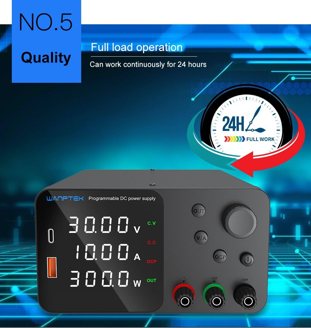 Nastavitelný regulovaný stejnosměrný napájecí zdroj WANPTEK TPS3010, 30V 10A, nastavení enkodéru, rychlé nabíjení přes USB typu C, 4místný displej, nízký šum, přepínání A/V, ventilátor, bílý - zástrčka UK