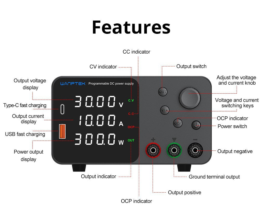 Nastavitelný regulovaný stejnosměrný napájecí zdroj WANPTEK TPS3010, 30V 10A, nastavení enkodéru, rychlé nabíjení přes USB typu C, 4místný displej, nízký šum, přepínání A/V, ventilátor, bílý - zástrčka UK