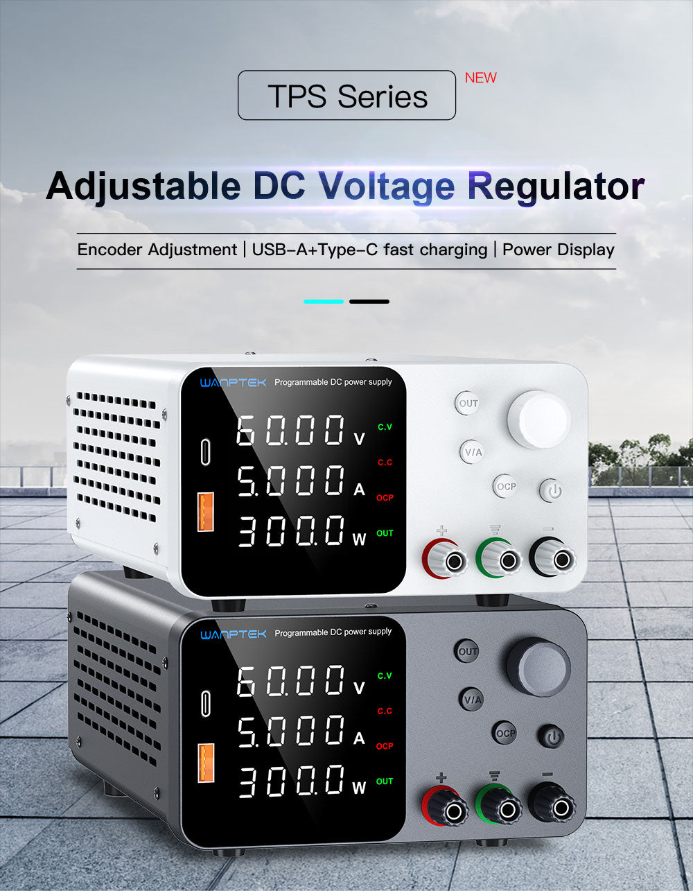 Nastavitelný regulovaný stejnosměrný napájecí zdroj WANPTEK TPS605, 60V 5A, nastavení enkodéru, rychlé nabíjení přes USB typu C, 4místný displej, nízký šum, přepínání A/V, ventilátor, bílý - zástrčka EU