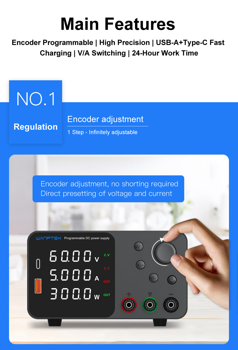 Nastavitelný regulovaný stejnosměrný napájecí zdroj WANPTEK TPS605, 60V 5A, nastavení enkodéru, rychlé nabíjení přes USB typu C, 4místný displej, nízký šum, přepínání A/V, ventilátor, bílý - zástrčka EU