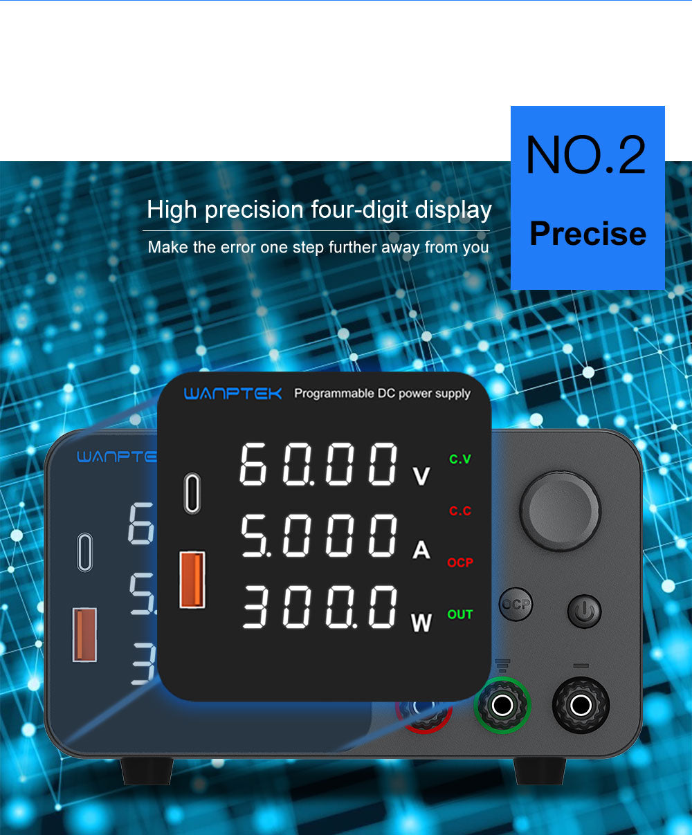 Nastavitelný regulovaný stejnosměrný napájecí zdroj WANPTEK TPS605, 60V 5A, nastavení enkodéru, rychlé nabíjení přes USB typu C, 4místný displej, nízký šum, přepínání A/V, ventilátor, bílý - zástrčka EU