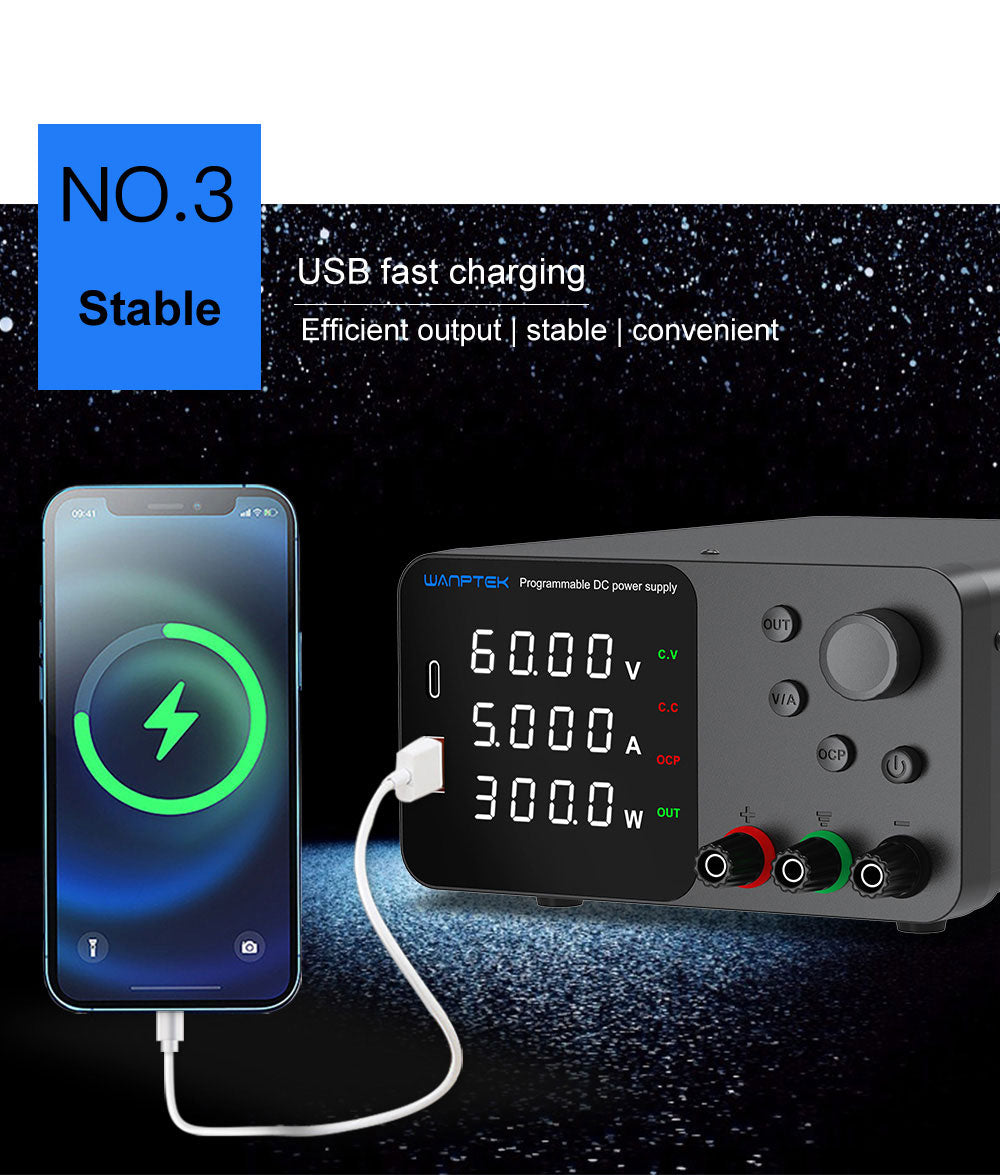 Nastavitelný regulovaný stejnosměrný napájecí zdroj WANPTEK TPS605, 60V 5A, nastavení enkodéru, rychlé nabíjení přes USB typu C, 4místný displej, nízký šum, přepínání A/V, ventilátor, bílý - zástrčka EU