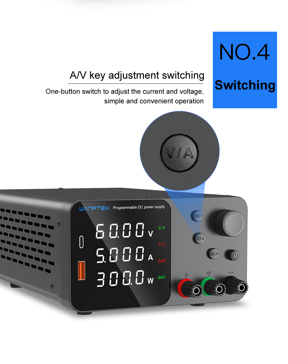 Nastavitelný regulovaný stejnosměrný napájecí zdroj WANPTEK TPS605, 60V 5A, nastavení enkodéru, rychlé nabíjení přes USB typu C, 4místný displej, nízký šum, přepínání A/V, ventilátor, bílý - zástrčka EU