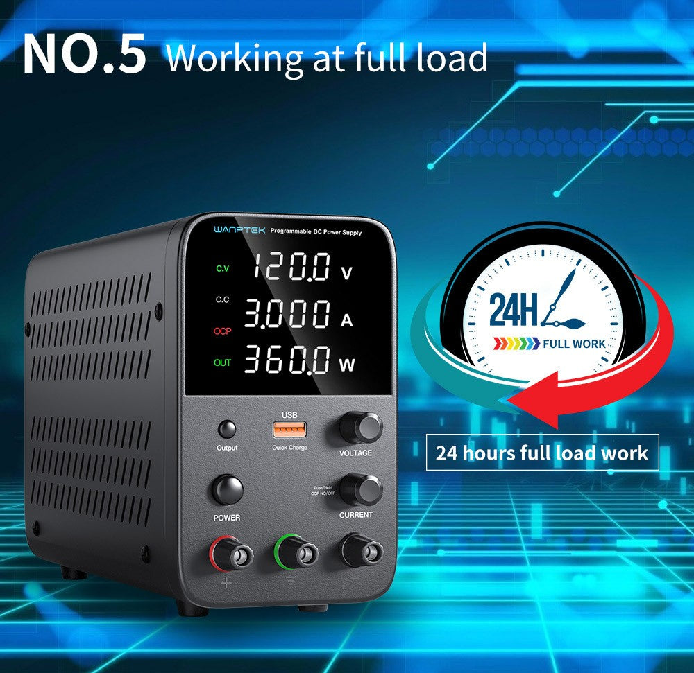 Programovatelný regulovaný stejnosměrný napájecí zdroj WANPTEK WPS1203, 120 V 3 A, nastavení enkodéru, rychlé nabíjení přes USB, inteligentní regulace teploty, 4místný displej, nízké zvlnění, nízký šum, černý - zástrčka EU