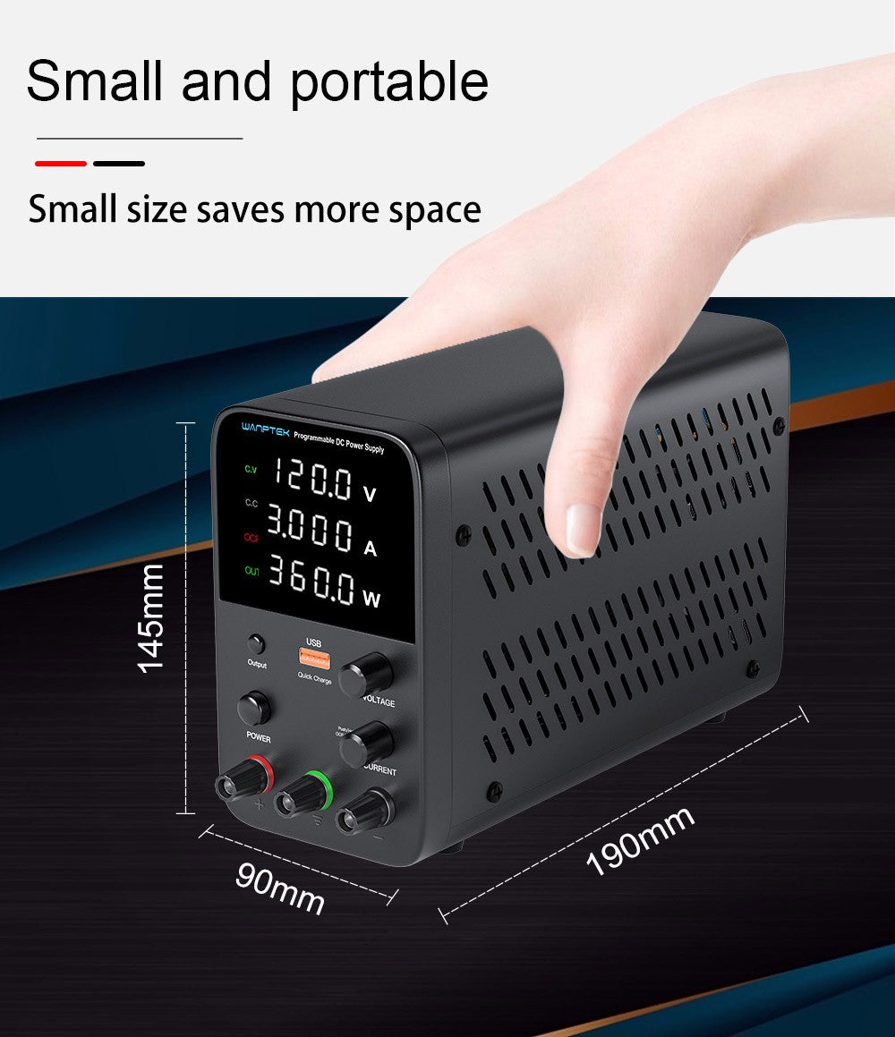 Programovatelný regulovaný stejnosměrný napájecí zdroj WANPTEK WPS1203, 120 V 3 A, nastavení enkodéru, rychlé nabíjení přes USB, inteligentní regulace teploty, 4místný displej, nízké zvlnění, nízký šum, černý - zástrčka EU