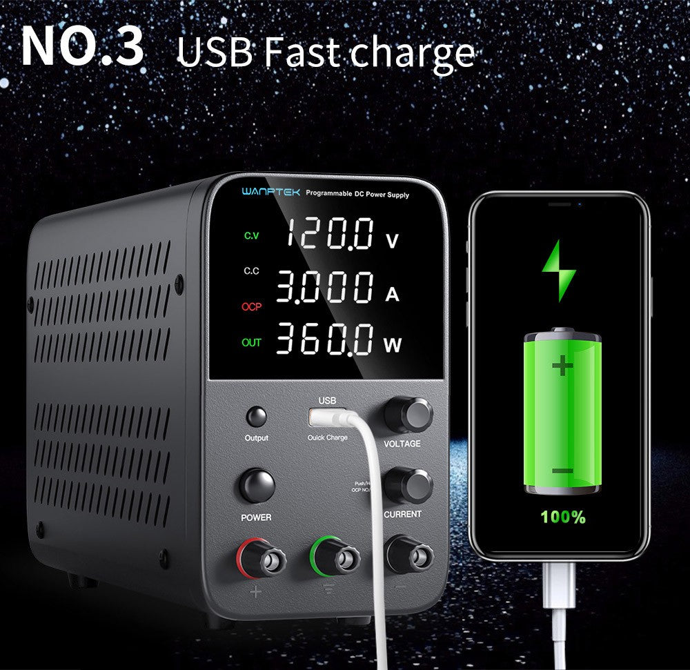 Programovatelný regulovaný stejnosměrný napájecí zdroj WANPTEK WPS1203, 120 V 3 A, nastavení enkodéru, rychlé nabíjení přes USB, inteligentní regulace teploty, 4místný displej, nízké zvlnění, nízký šum, černý - zástrčka EU
