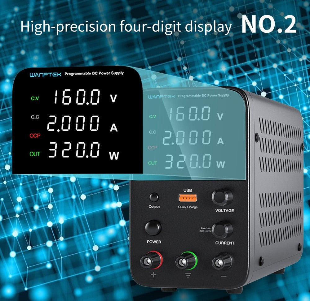 Programovatelný regulovaný stejnosměrný napájecí zdroj WANPTEK WPS1602, 160 V 2 A, nastavení enkodéru, rychlé nabíjení přes USB, inteligentní regulace teploty, 4místný displej, nízké zvlnění, nízký šum, bílý - zástrčka pro Velkou Británii
