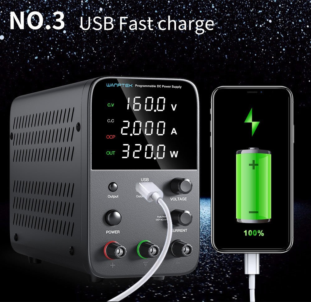 Programovatelný regulovaný stejnosměrný napájecí zdroj WANPTEK WPS1602, 160 V 2 A, nastavení enkodéru, rychlé nabíjení přes USB, inteligentní regulace teploty, 4místný displej, nízké zvlnění, nízký šum, bílý - zástrčka pro Velkou Británii