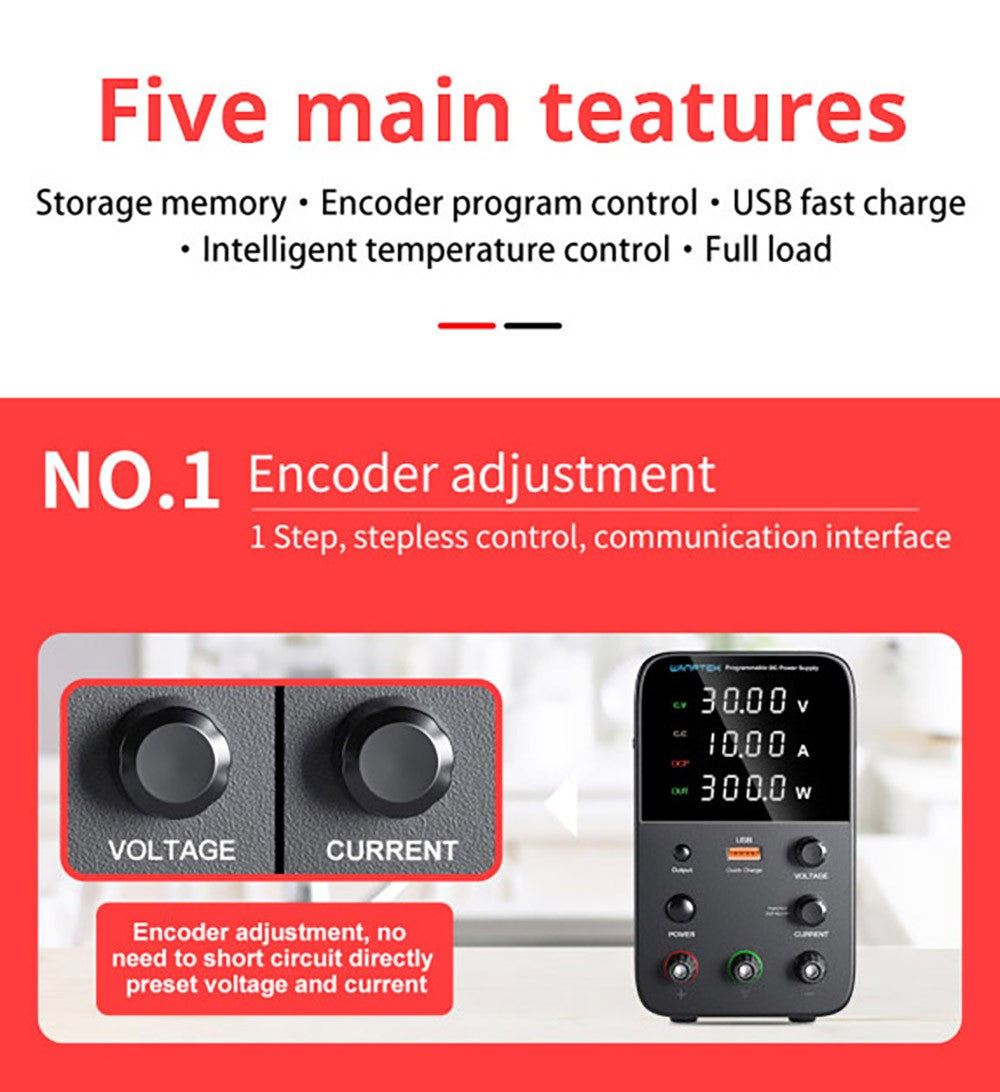 Programovatelný regulovaný stejnosměrný napájecí zdroj WANPTEK WPS3010, 30V 10A, nastavení enkodéru, rychlé nabíjení přes USB, inteligentní regulace teploty, 4místný displej, nízké zvlnění, nízký šum, černý - americká zástrčka