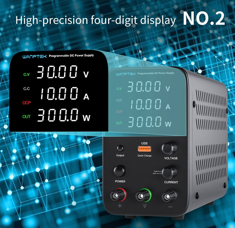 Programovatelný regulovaný stejnosměrný napájecí zdroj WANPTEK WPS3010, 30V 10A, nastavení enkodéru, rychlé nabíjení přes USB, inteligentní regulace teploty, 4místný displej, nízké zvlnění, nízký šum, černý - americká zástrčka