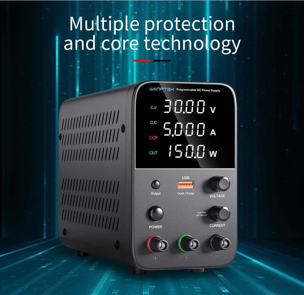 Programovatelný regulovaný stejnosměrný napájecí zdroj Wanptek WPS305, 30V 5A, nastavení enkodéru, rychlé nabíjení přes USB, inteligentní regulace teploty, 4místný displej, nízké zvlnění, nízký šum, černý - zástrčka EU