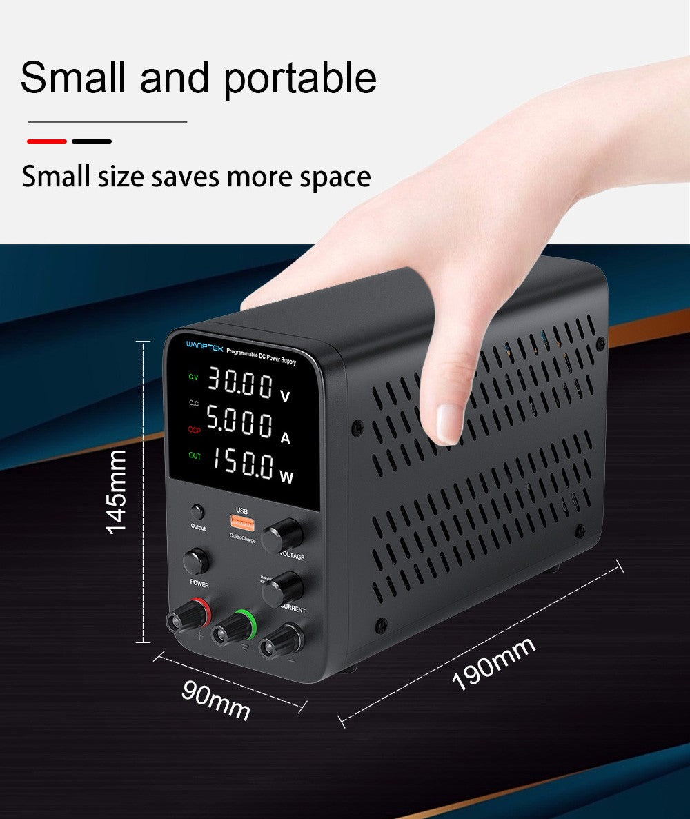 Programovatelný regulovaný stejnosměrný napájecí zdroj Wanptek WPS305, 30V 5A, nastavení enkodéru, rychlé nabíjení přes USB, inteligentní regulace teploty, 4místný displej, nízké zvlnění, nízký šum, černý - zástrčka EU