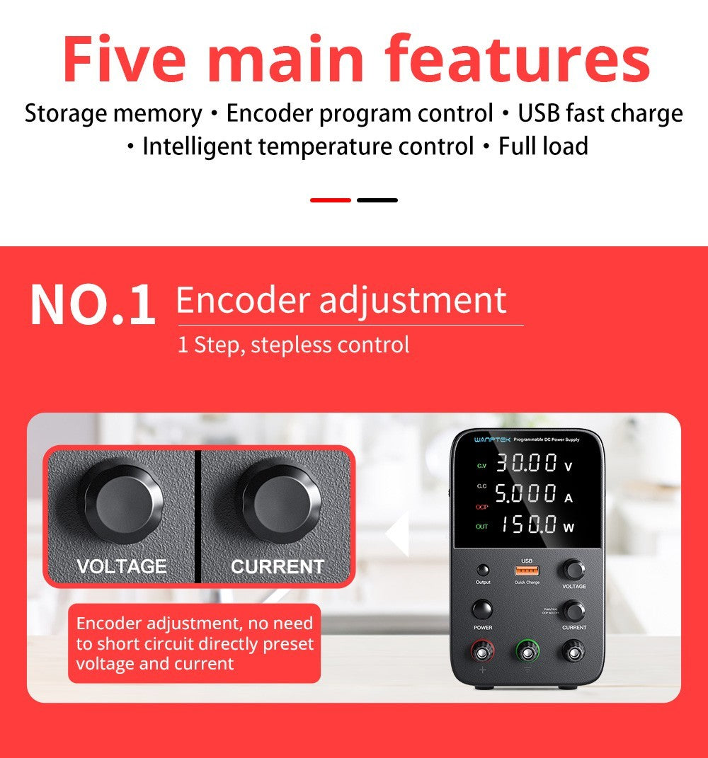 Programovatelný regulovaný stejnosměrný napájecí zdroj Wanptek WPS305, 30V 5A, nastavení enkodéru, rychlé nabíjení přes USB, inteligentní regulace teploty, 4místný displej, nízké zvlnění, nízký šum, černý - zástrčka EU