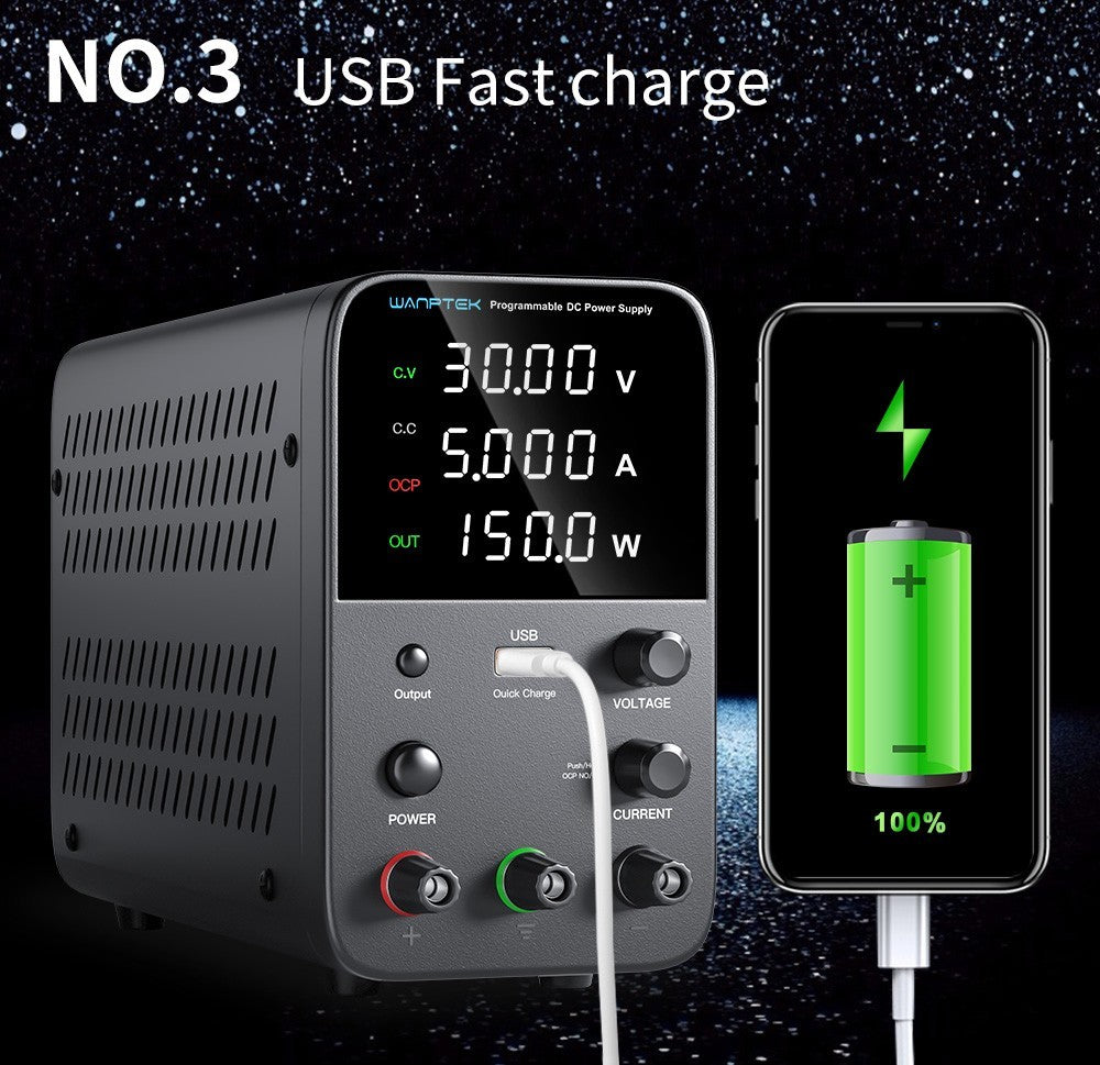 Programovatelný regulovaný stejnosměrný napájecí zdroj Wanptek WPS305, 30V 5A, nastavení enkodéru, rychlé nabíjení přes USB, inteligentní regulace teploty, 4místný displej, nízké zvlnění, nízký šum, černý - zástrčka EU