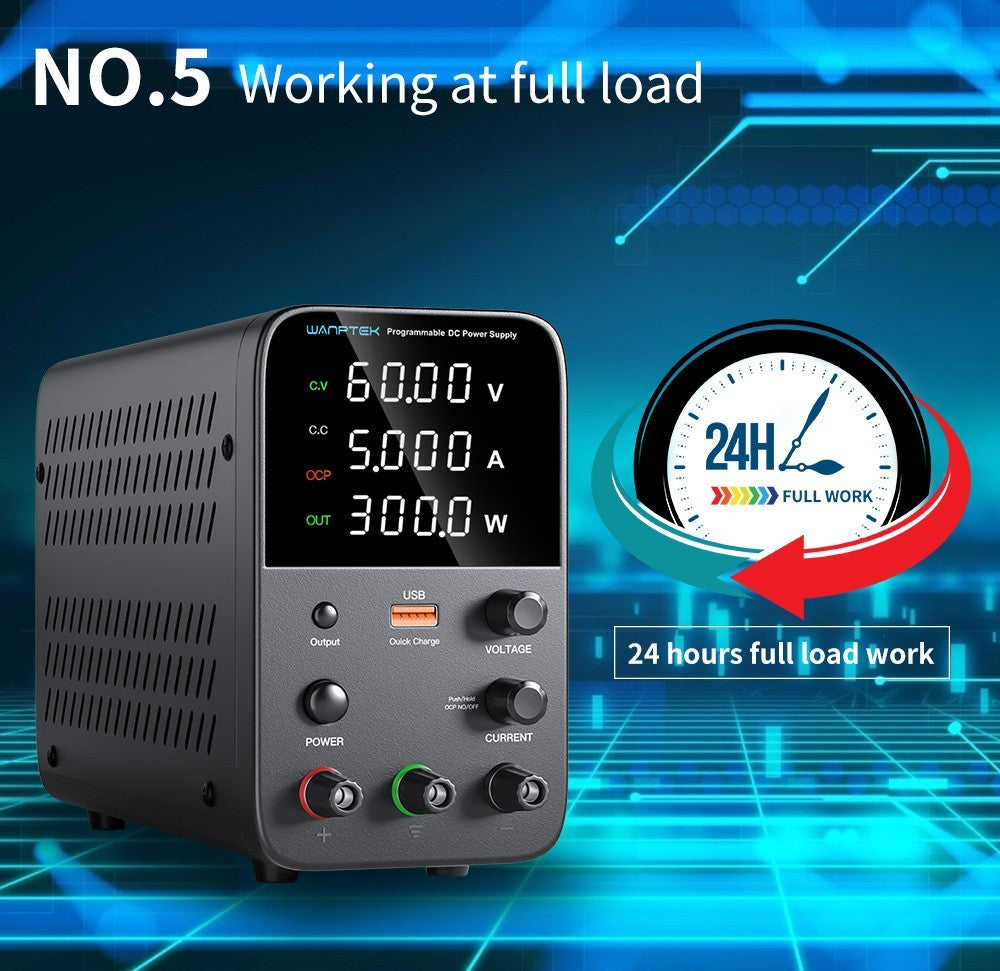 Programovatelný regulovaný stejnosměrný napájecí zdroj WANPTEK WPS605, 60V 5A, nastavení enkodéru, rychlé nabíjení přes USB, inteligentní regulace teploty, 4místný displej, nízké zvlnění, nízký šum, černý - zástrčka pro Velkou Británii