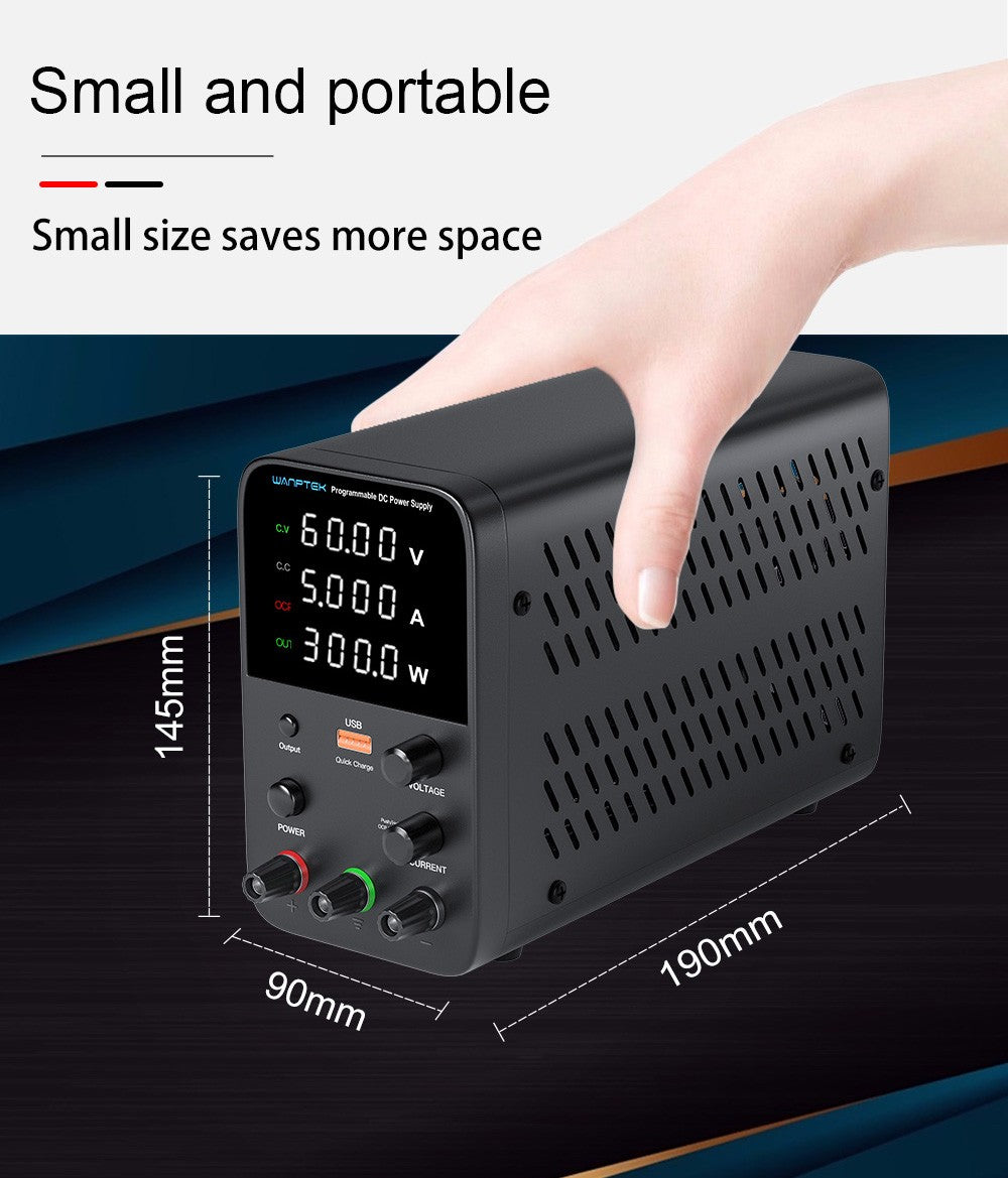 Programovatelný regulovaný stejnosměrný napájecí zdroj WANPTEK WPS605, 60V 5A, nastavení enkodéru, rychlé nabíjení přes USB, inteligentní regulace teploty, 4místný displej, nízké zvlnění, nízký šum, černý - zástrčka pro Velkou Británii