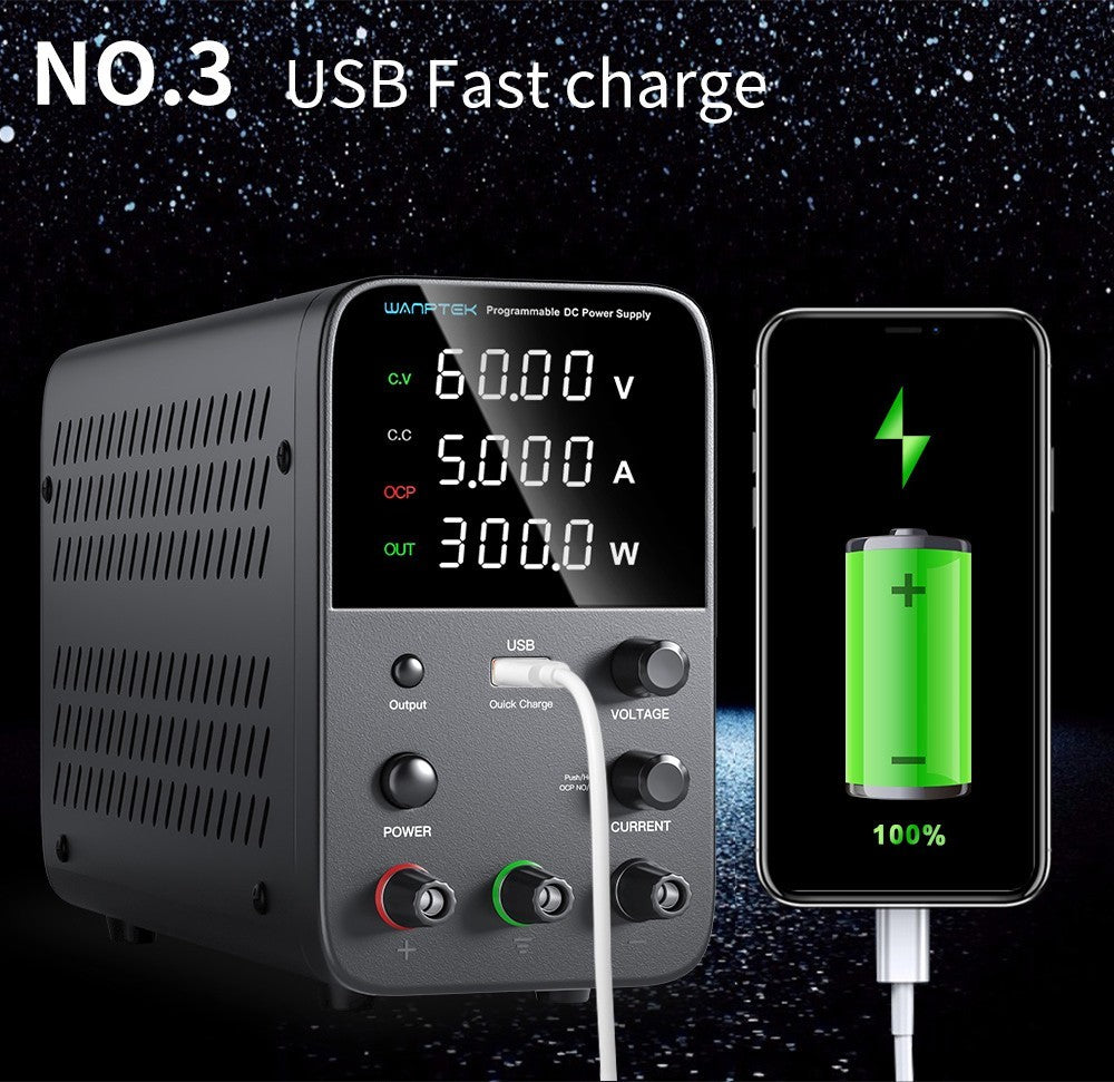 Programovatelný regulovaný stejnosměrný napájecí zdroj WANPTEK WPS605, 60V 5A, nastavení enkodéru, rychlé nabíjení přes USB, inteligentní regulace teploty, 4místný displej, nízké zvlnění, nízký šum, černý - zástrčka pro Velkou Británii