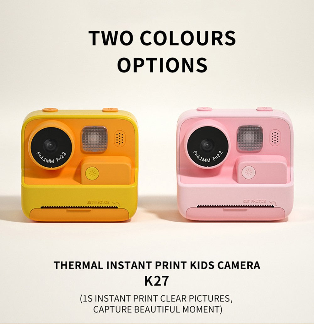 Dětský fotoaparát WOWKIDS K27 s okamžitým tiskem, 48MP přední a zadní duální fotoaparát, rozlišení 1080p, 4 filtry, 32GB TF karta, baterie 1400mAh - růžová