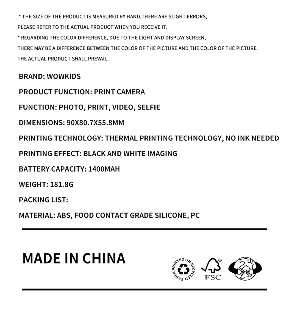 Dětský fotoaparát WOWKIDS K27 s okamžitým tiskem, 48MP přední a zadní duální fotoaparát, rozlišení 1080p, 4 filtry, 32GB TF karta, baterie 1400mAh - růžová