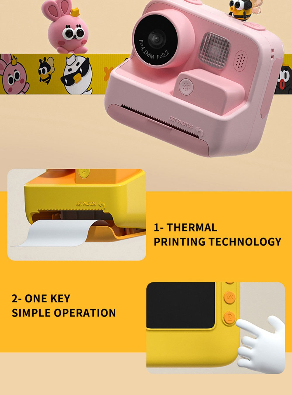 Dětský fotoaparát WOWKIDS K27 s okamžitým tiskem, 48MP přední a zadní duální fotoaparát, rozlišení 1080p, 4 filtry, 32GB TF karta, baterie 1400mAh - růžová