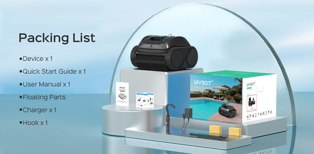 Bezdrátový robotický čistič bazénů WYBOT C1, doba provozu 150 minut, lezení po stěně, inteligentní plánování trasy, ovládání pomocí aplikace, pro bazény do 1615 čtverečních stop
