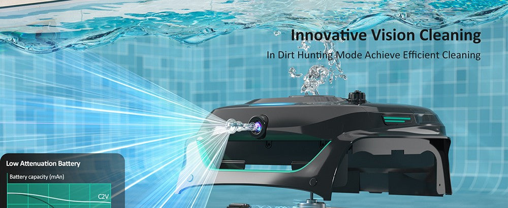 Bezdrátový robotický vysavač na bazén WYBOT C2 Vision, detekce nečistot s kamerou s umělou inteligencí, 8v1 hlavní čištění, dvouvrstvá filtrace, bezkartáčové motory pro výkonné sání, pro bazény do 1940 čtverečních stop, černozelený