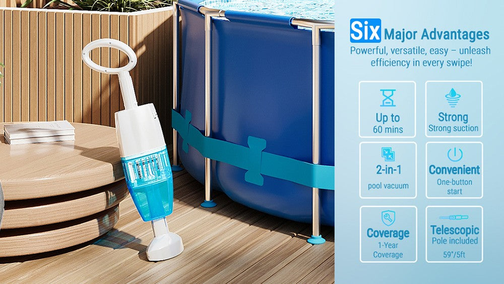 Ruční bazénový vysavač WYBOT HJ10P, teleskopická tyč součástí balení, výkonný sací výkon 25 l/min, velká baterie 5200 mAh, max. doba provozu 60 minut, filtr 0,5 l