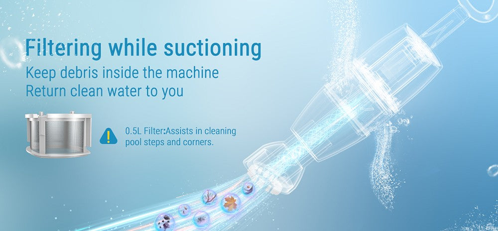 Ruční bazénový vysavač WYBOT HJ10P, teleskopická tyč součástí balení, výkonný sací výkon 25 l/min, velká baterie 5200 mAh, max. doba provozu 60 minut, filtr 0,5 l