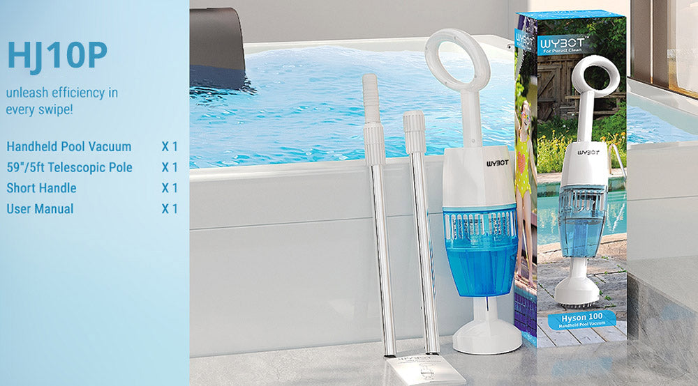 Ruční bazénový vysavač WYBOT HJ10P, teleskopická tyč v balení, výkonný sací výkon 25 l/min, velká baterie 5200 mAh, max. doba provozu 60 minut, filtr 0,5 l