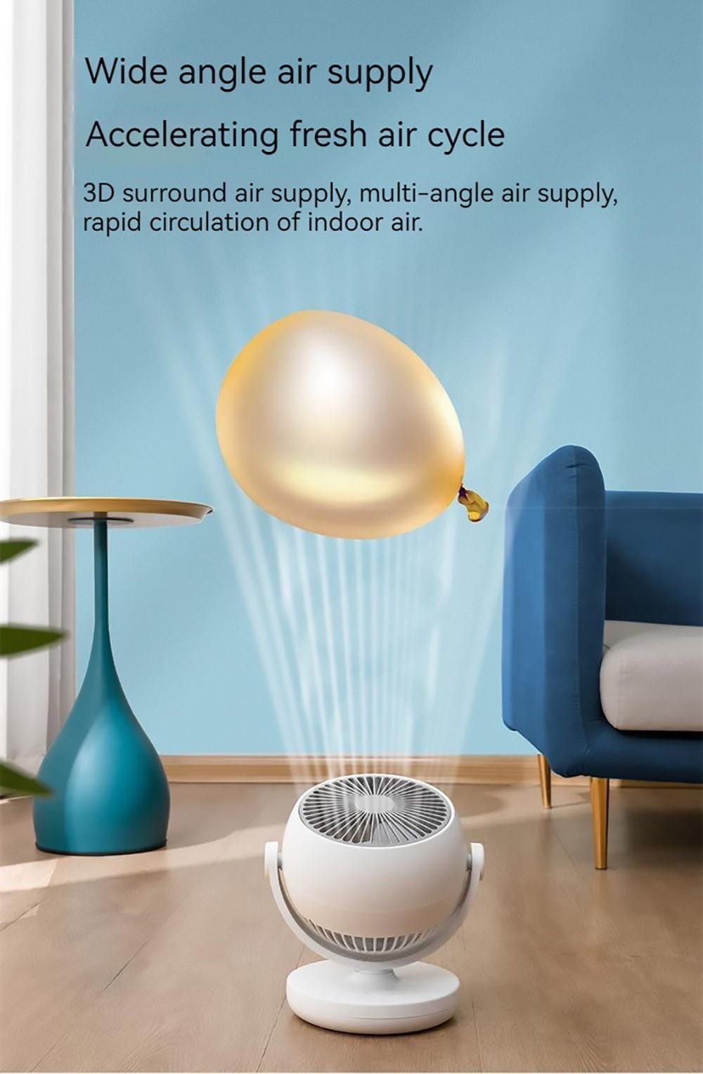 Xiaoda Feiyue C08 Přenosný stolní ventilátor s cirkulací vzduchu, 3 rychlostní stupně, funkce časování, rotace hlavy - nabíjecí verze