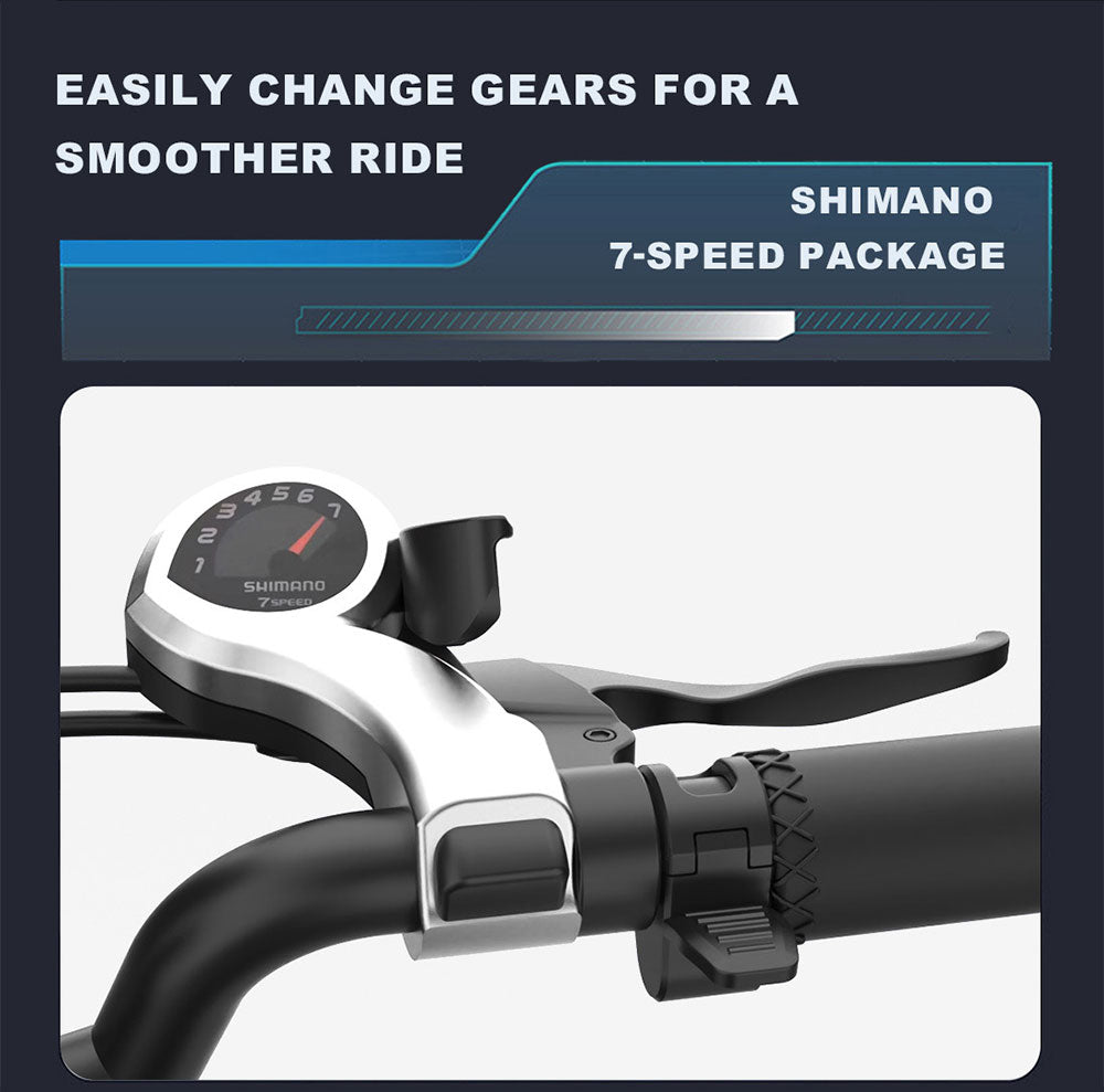 Elektrokolo YAMALI FXH-006, motor 350 W, baterie 48 V 18 Ah, tlusté pneumatiky 20*4 palce, maximální rychlost 40 km/h, dojezd 50 km, Shimano 7 rychlostí, přední a zadní mechanické kotoučové brzdy, Shimano 7 rychlostí, LCD displej - černé