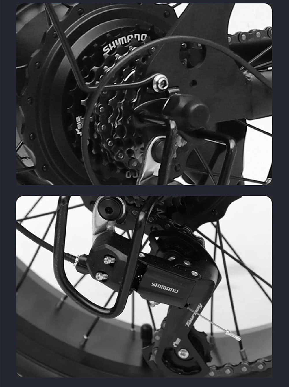 Elektrokolo YAMALI FXH-006, motor 350 W, baterie 48 V 18 Ah, tlusté pneumatiky 20*4 palce, maximální rychlost 40 km/h, dojezd 50 km, Shimano 7 rychlostí, přední a zadní mechanické kotoučové brzdy, Shimano 7 rychlostí, LCD displej - černé