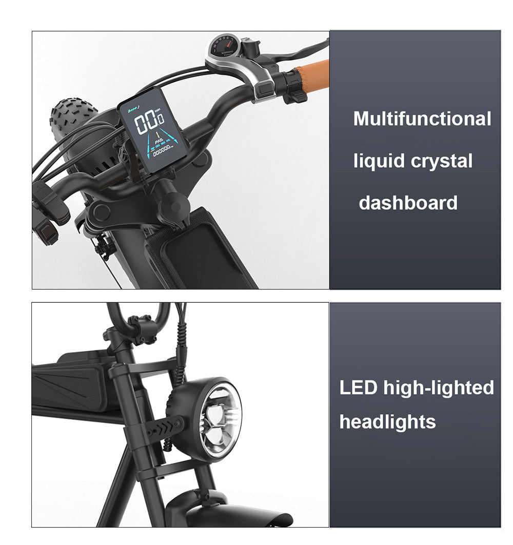 Elektrokolo YAMALI FXH-006, motor 350 W, baterie 48 V 18 Ah, tlusté pneumatiky 20*4 palce, maximální rychlost 40 km/h, dojezd 50 km, Shimano 7 rychlostí, přední a zadní mechanické kotoučové brzdy, Shimano 7 rychlostí, LCD displej - černé